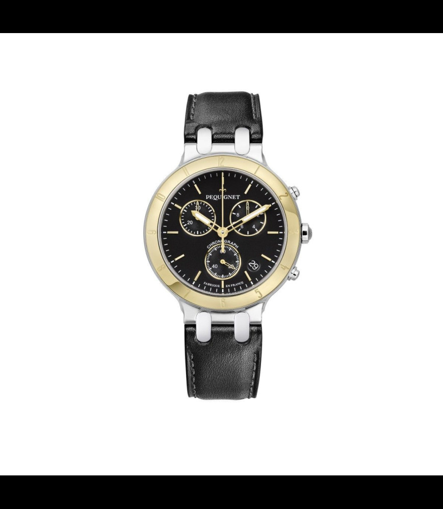 PEQUIGNET MONTRE MOOREA CHRONO Chronographe, boîtier acier, lunette or, cadran noir