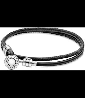 PANDORA Bracelet authentique en cuir noir double tour