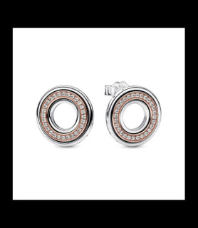 PANDORA Clous d’oreilles Pandora Signature et Pavé Bimatière en argent, métal doré rose et oxyde de zirconium