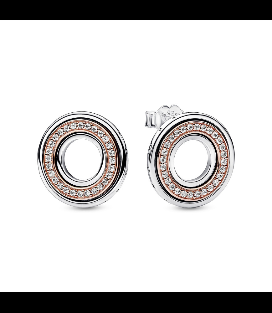 PANDORA Clous d’oreilles Pandora Signature et Pavé Bimatière en argent, métal doré rose et oxyde de zirconium