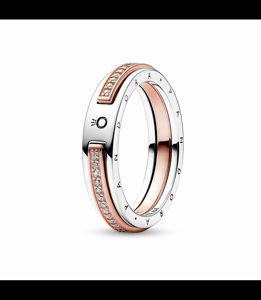 PANDORA Bague Signature et Pavé Bimatière Argent Massif, Métal doré à l'Or Rose 14 carats  DOIGT 50