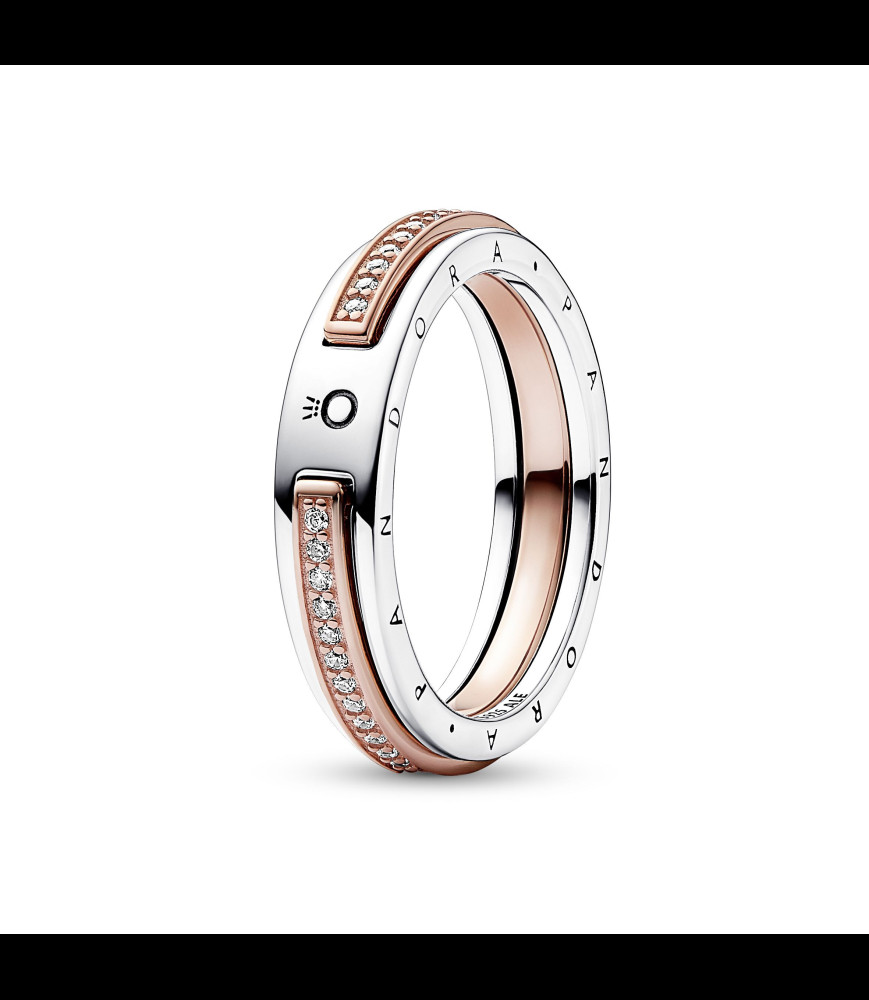 PANDORA Bague Signature et Pavé Bimatière Argent Massif, Métal doré à l'Or Rose 14 ct  DOIGT 54