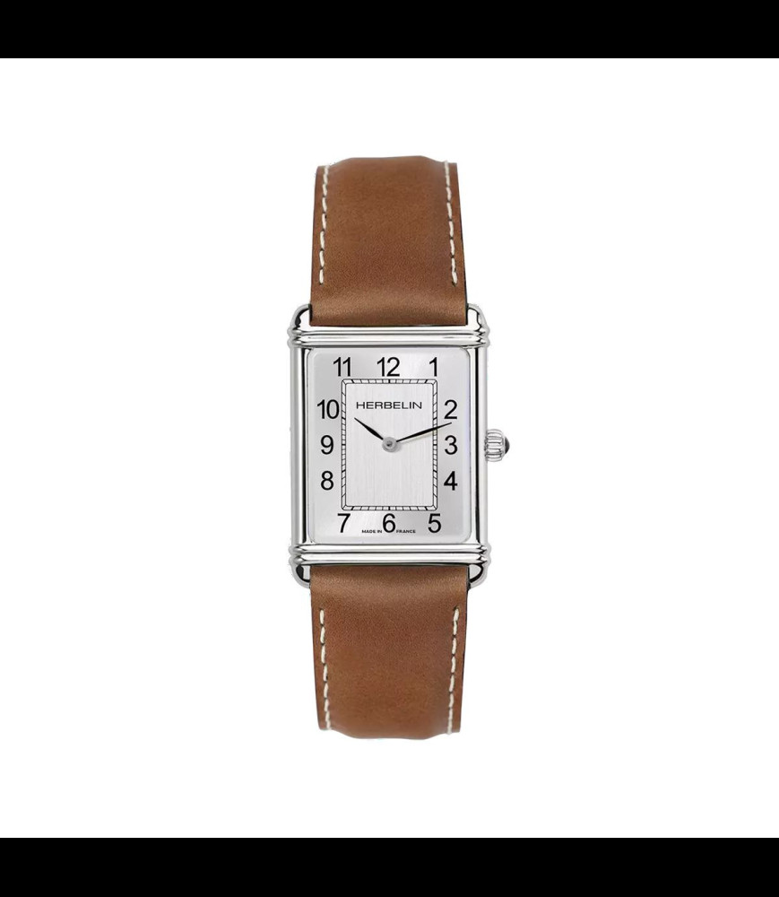HERBELIN ART DÉCO – QUARTZ – ACIER & CUIR BRUN