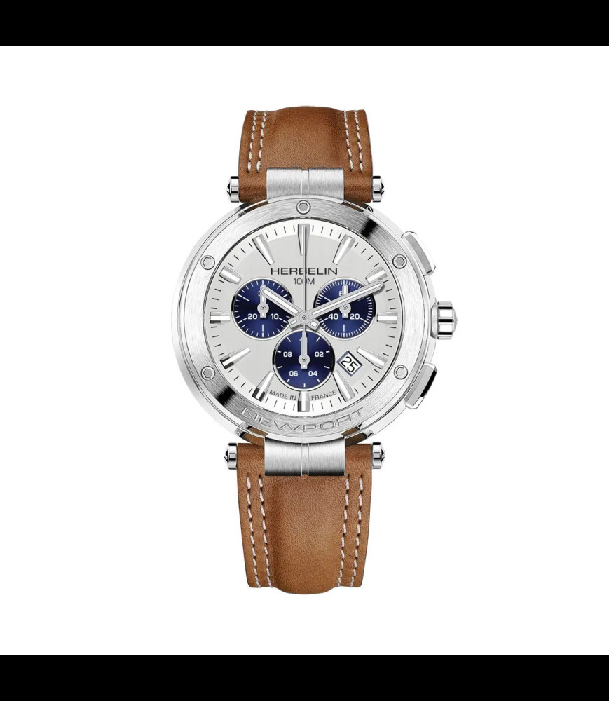HERBELIN NEWPORT – CHRONOGRAPHE – ACIER & CUIR CAMEL