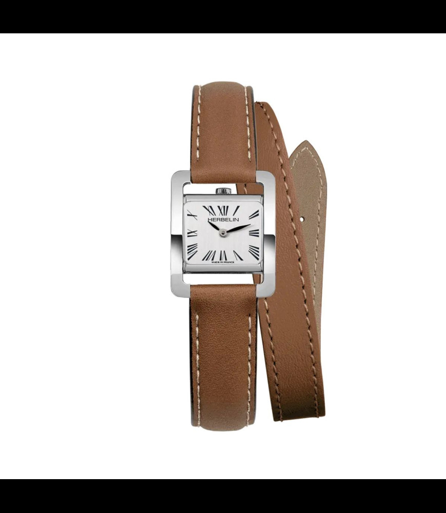 HERBELIN MONTRE Ve AVENUE – BRACELET DOUBLE – ACIER & CUIR BRUN