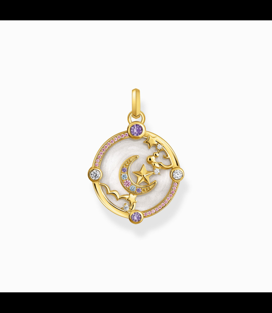 THOMAS SABO Petit pendentif avec croissant de lune et pierres multicolores plaqué or