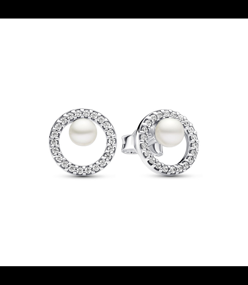 PANDORA Clous d'Oreilles Perle de Culture d'Eau Douce Traitée & Halo Pavé