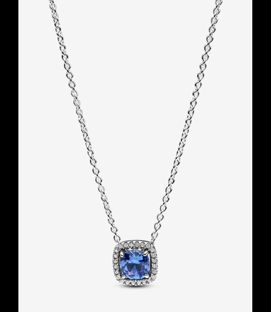 PANDORA Collier à Pendentif Halo Bleu Carré Scintillant