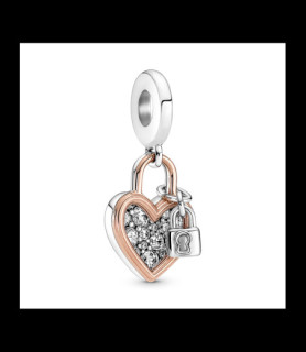 PANDORA Charm Pendant Double Cadenas Cœur Argent Massif, Métal doré à l'Or Rose 14 carats