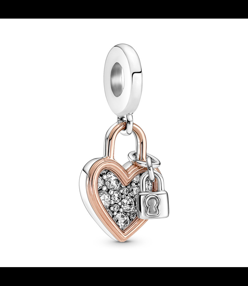 PANDORA Charm Pendant Double Cadenas Cœur Argent Massif, Métal doré à l'Or Rose 14 carats